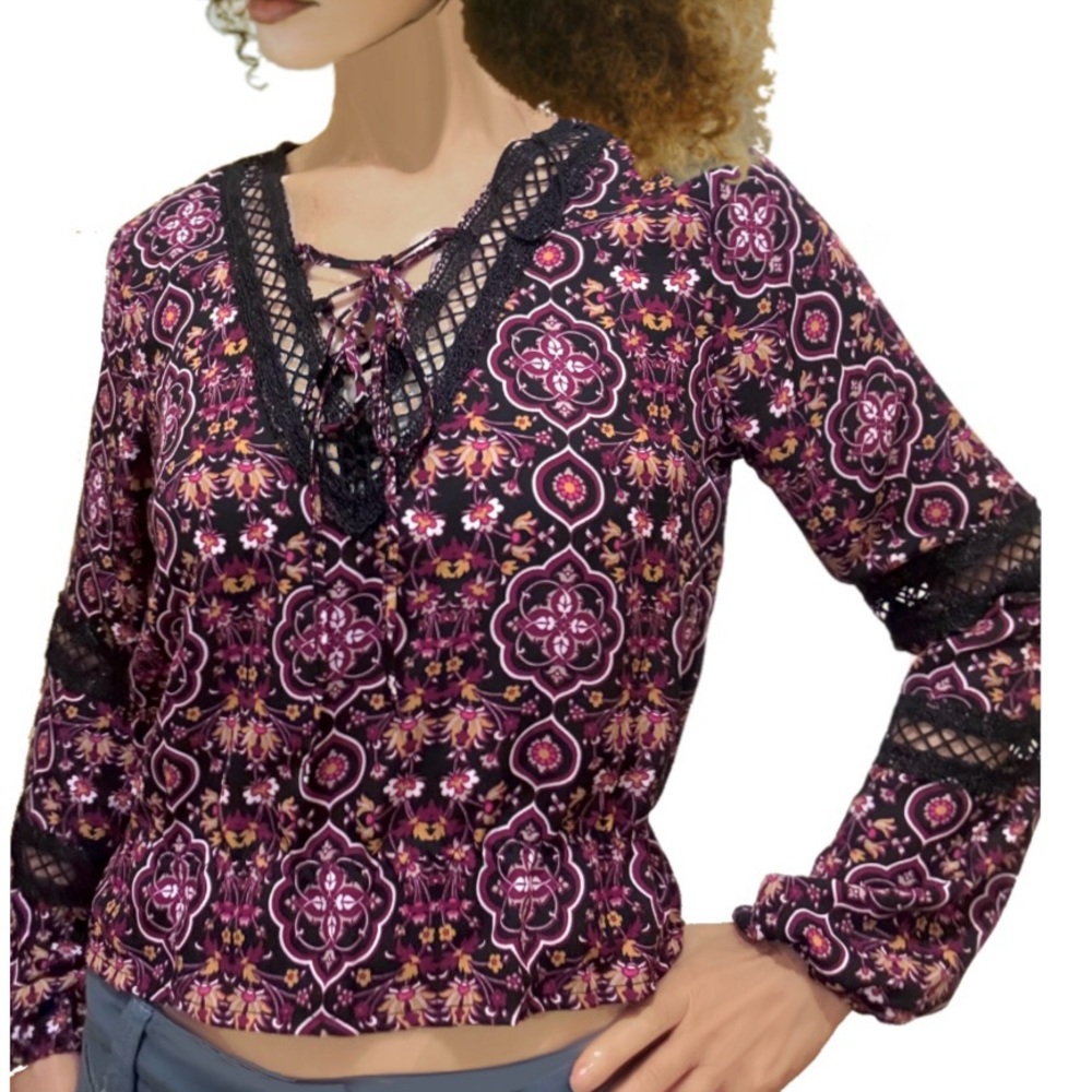 NEW💕 Floral Lace-Trimmed Lace up Puff Long Sleeve Ruffled Peplum V neck Top - Picture 2 of 4